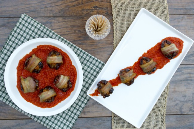 Chorizo Stuffed Dates + Roasted Red Pepper Sauce | Plaid & Paleo